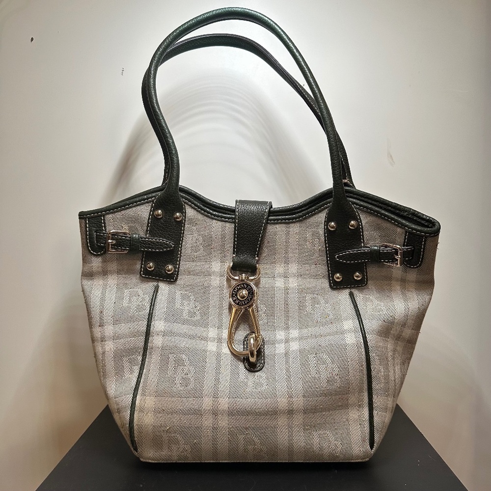 Dooney & Bourke Plaid Canvas DB Logo Green Leather Signature Handbag